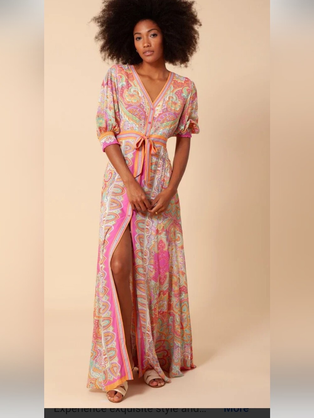Hale Bob Goya Pink/ Orange Paisley V-Neck Maxi Dress Sz M